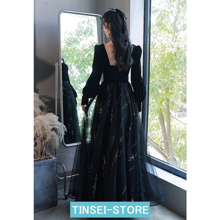 発表会 ピアノ 大人 ドレス ワンピース 長袖 マキシ丈 女の子 中学生 高校生 黒い 花柄 ゴールド ピアノ ウェディング レース ハイネックドレス ビーズ プリン | ブランド登録なし | 07