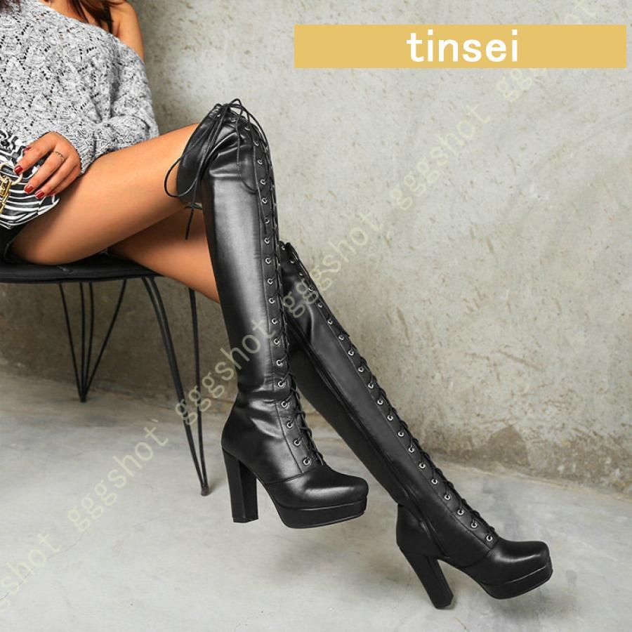 coperni ブラックレザーロングブーツ　サイズ38 Lace Ladies ブーツ レザー調チャンキーヒールロングブーツ