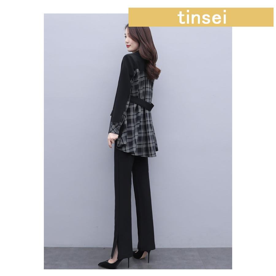 セットアップ レディース 40代 秋冬新作 長袖スーツチェック柄 ワイド