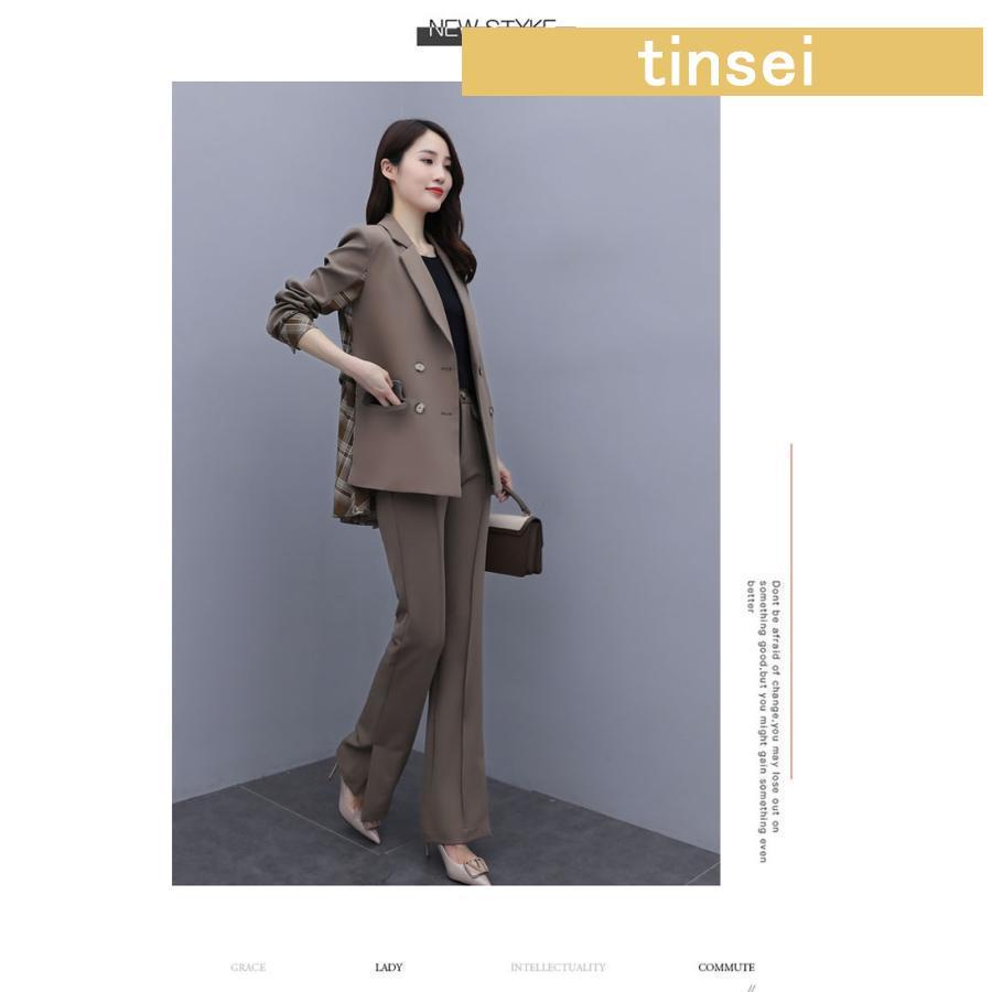 セットアップ レディース 40代 秋冬新作 長袖スーツチェック柄 ワイド