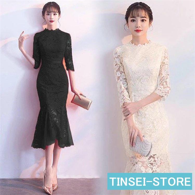 ドレス マーメイドドレス ワイン赤 レースドレス ミモレ丈 結婚式