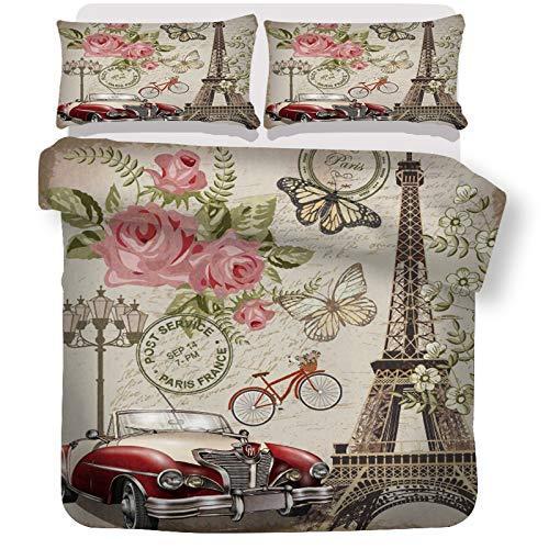 送料0円 Yunine レトロベッドセット パリ寝具セット 女の子用 クイーンサイズ 子供用 エッフェル塔 掛け布団カバー 3ピース バラと車のベッドスプレッド 枕カバー Www Yellowrice Ie