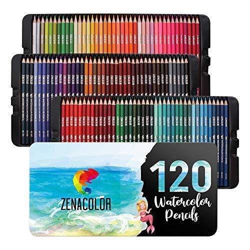 水彩色鉛筆120色、番号付き、筆付き、Zenacolor社メタルボックス 水彩色鉛筆セット、水溶性24色、描画材料、大人用塗り絵、アーティスト カラーインク