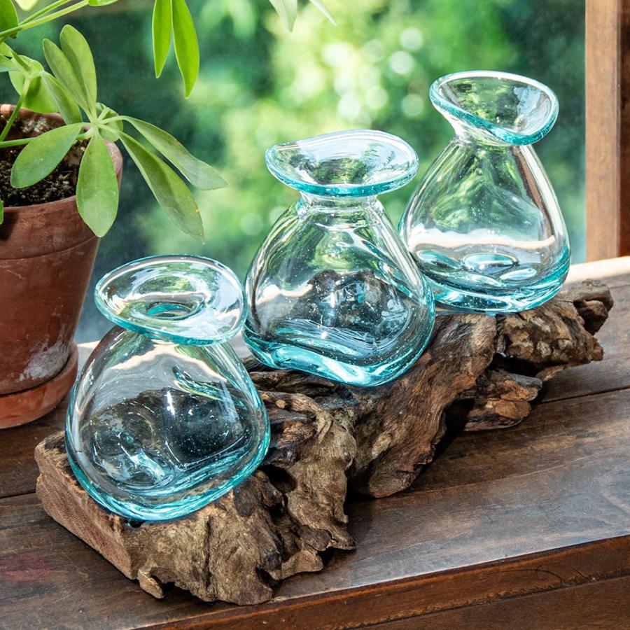 送料無料 バリ島 インテリア 花瓶 ガラスボウル 天然木とリサイクル