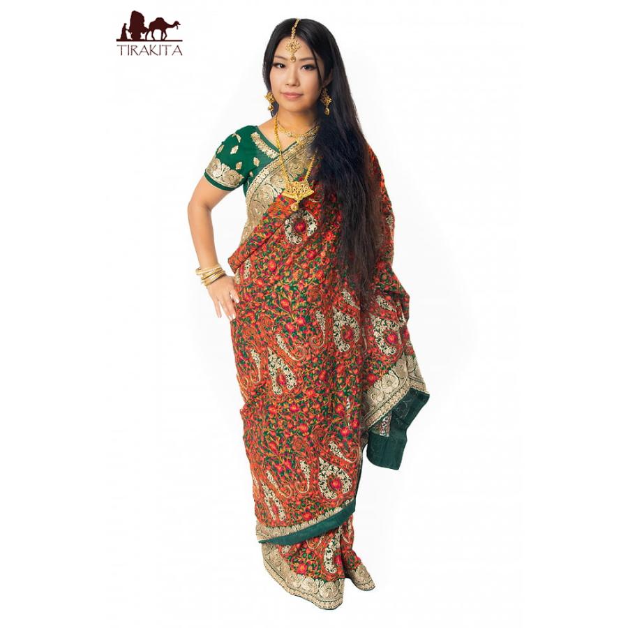 送料無料 サリー 民族衣装 デコレーション布 インド 更紗柄刺繍の婚礼 