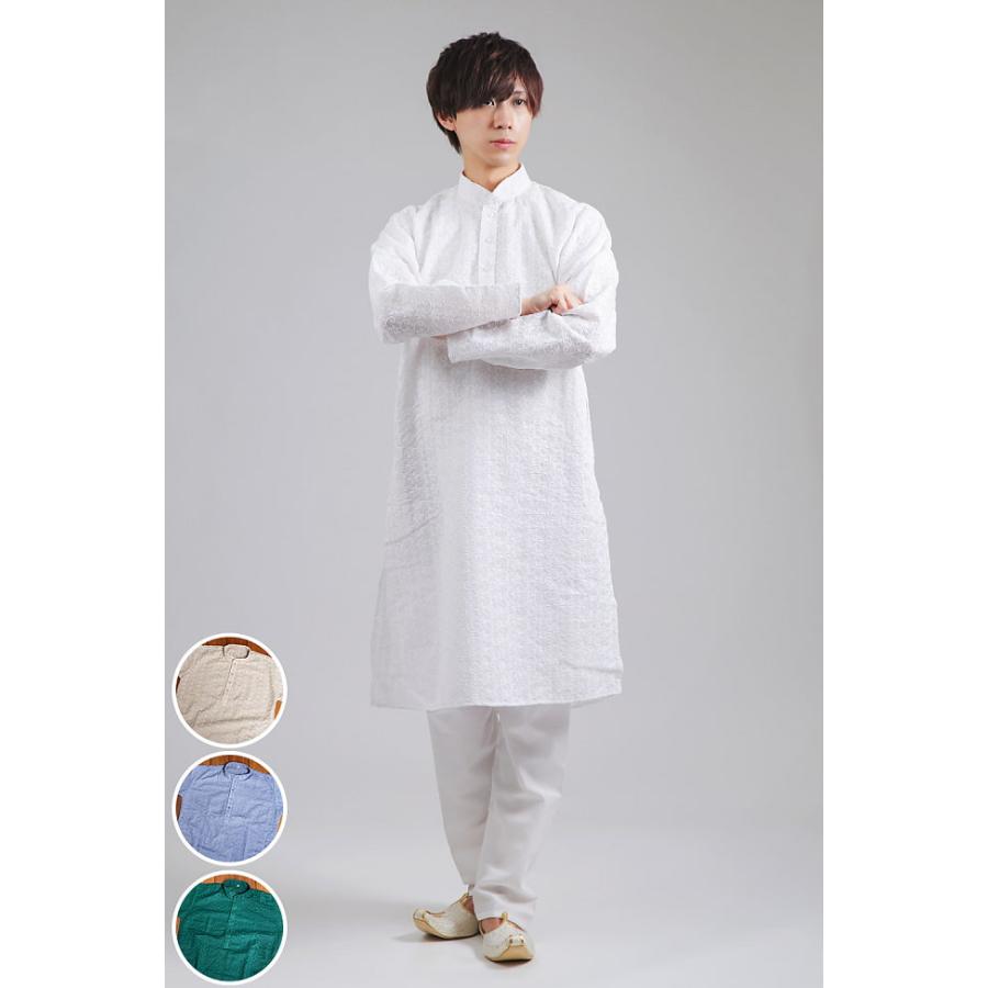 【新品】ヒスクローネ 日本製 刺繍入りホワイトパジャマ 送料無料 クルタパジャマ Kurta Pajama 男性 ラクノウ刺繍入り