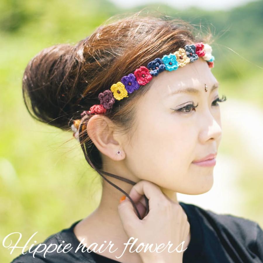 ヒッピーバンド ヘッドアクセ レザー お花モチーフのカラフルヒッピー