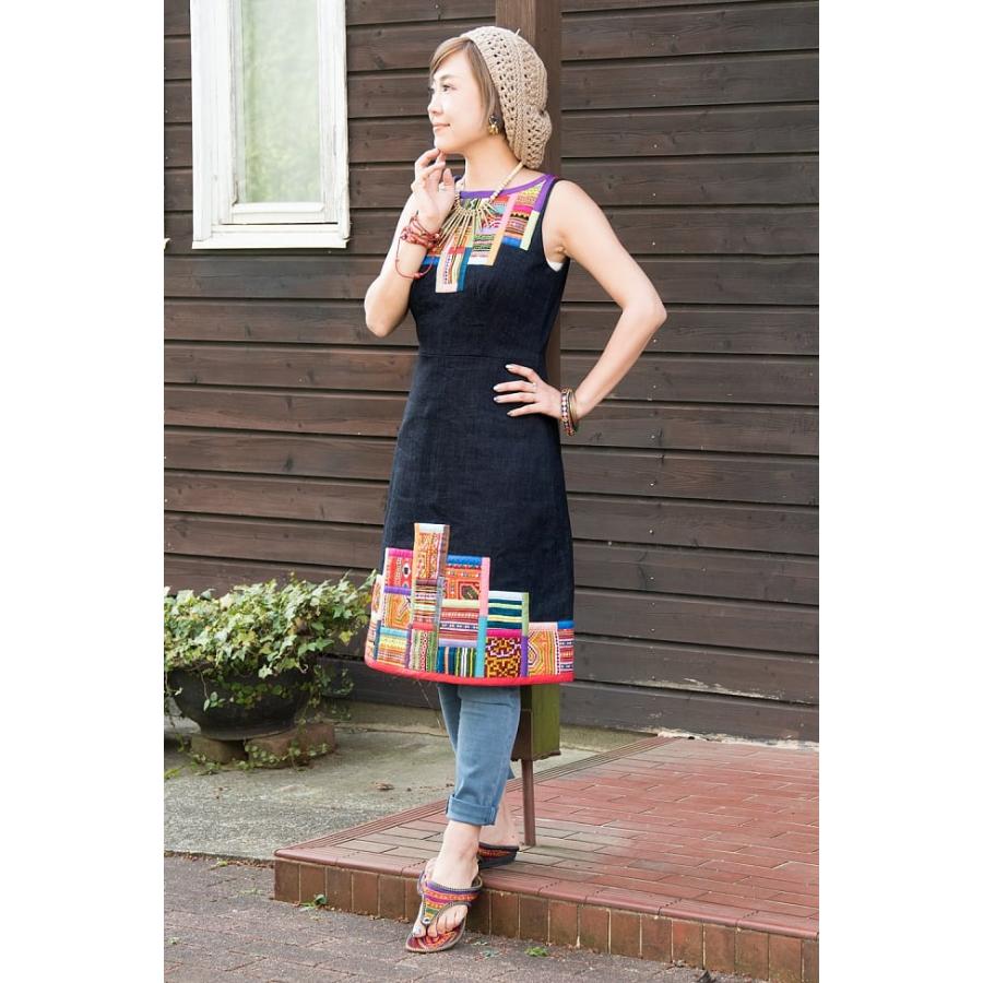 送料無料 ワンピース ストライプ ネパール (1点もの・CHULA)モン族刺繍