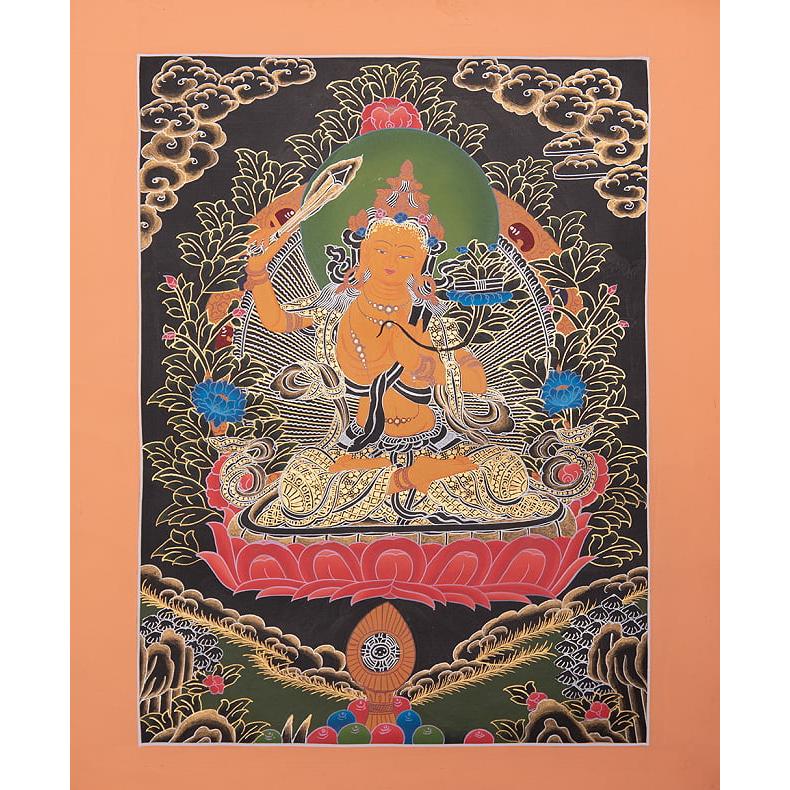 送料無料 文殊師利菩薩 タンカ マンダラ 曼荼羅 〔一点物〕タンカ マンジュシュリー 83cm x 59cm 手描きのタンカ : インド ...