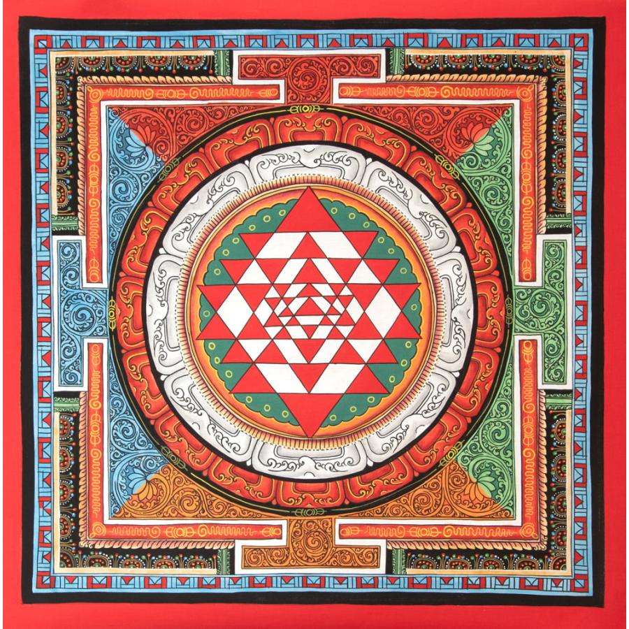 送料無料 タンカ 仏画 マンダラ チベット 〔一点物〕タンカ シュリ・ヤントラ Sri Yantra 曼荼羅 54x54cm 手描き ...