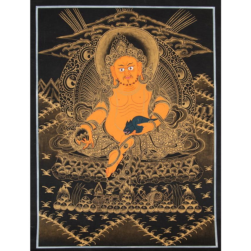 送料無料 観音菩薩 タンカ 仏画 マンダラ 〔一点物〕タンカ ジャンバラ 宝蔵神 30cm x 40cm チベット 曼荼羅 : インド・アジア ...
