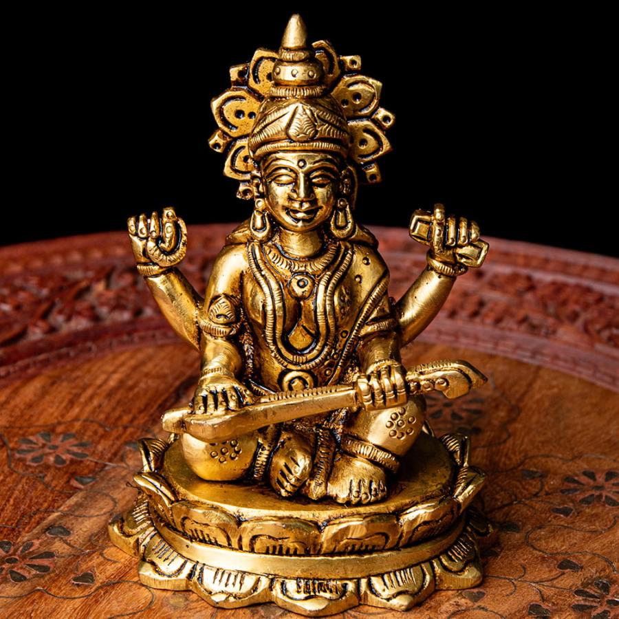 インド神 サラスヴァティー 像 弁財天 置物 合金 ゴールド ブラック インド神 サラスヴァティー 像 弁財天 置物 合金 ゴールド