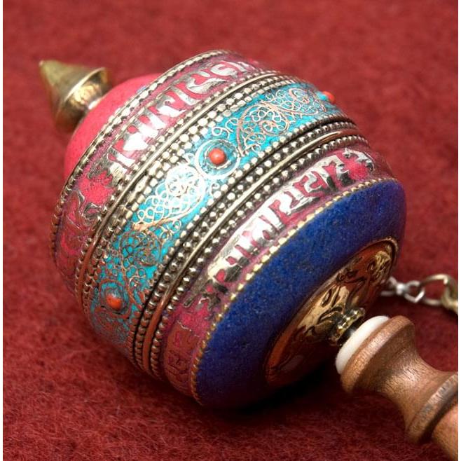 送料無料 マニ車 チベット 宗教用品 ターコイズ装飾 手持ちマニ