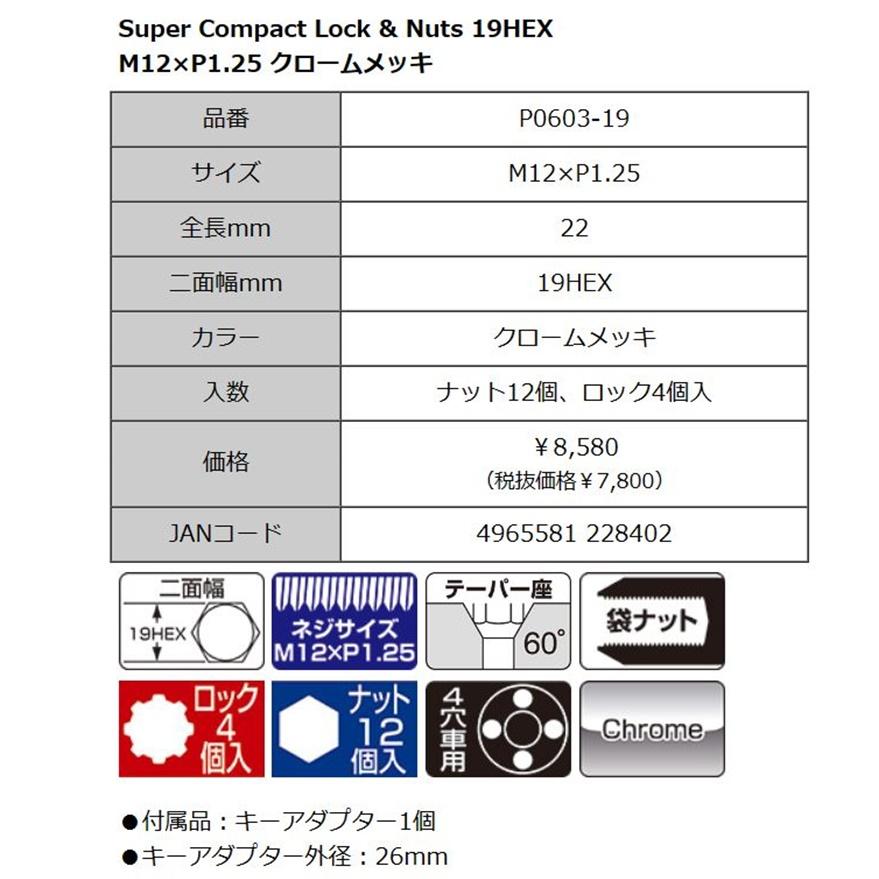 スーパーコンパクト・ロックナット クローム 19HEX M12xP1.25 ブルロック 16個セット KYO-EI(協永産業) P0603-19 MADE IN JAPAN｜tiremonstar｜02
