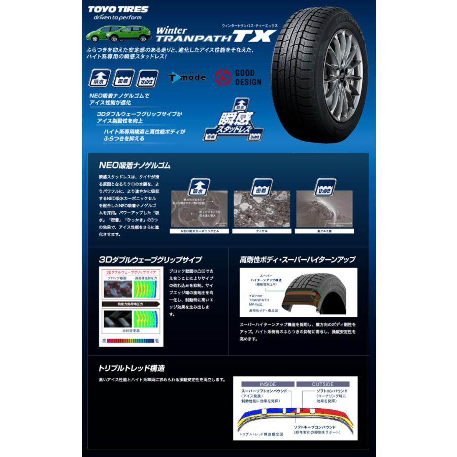 195/60R16 89Q トーヨータイヤ ウィンタートランパス TX MUD BAHN XR-800M スタッドレスタイヤホイール4本セット｜tireprice｜02