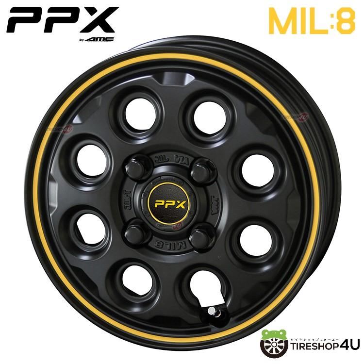 ホイールセット 460 ブラック イエローライン 共豊 4本購入で送料無料 PPX MIL:8 14x4.5J 4/100 +45 SGB セミグロス