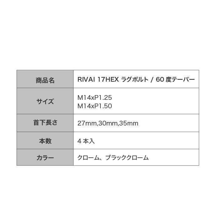 選べる2色 4個入り RIVAI 17HEX ラグボルト M14xP1.5  60度テーパー 首下長さ 27mm 30mm 35mm クロームメッキ ブラッククローム｜tireshop4u｜03