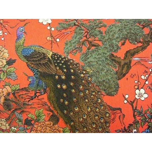 正絹ちりめん生地 多色柄 花に孔雀 オレンジ 31cmX50cm 縮緬細工 正絹ちりめん生地 多色柄 花に孔雀 オレンジ 31cmX50cm 縮緬細工