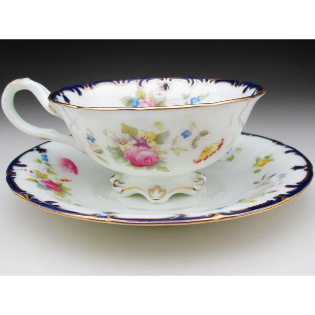 コウルドン 藍縁金彩花絵 カップ＆ソーサー アンティーク 1905年 (b