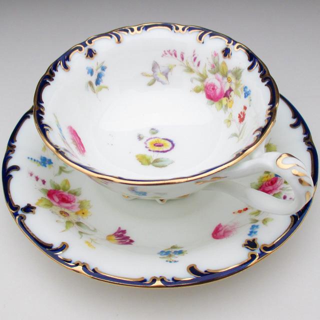 コウルドン 藍縁金彩花絵 カップ＆ソーサー アンティーク 1905年 (b
