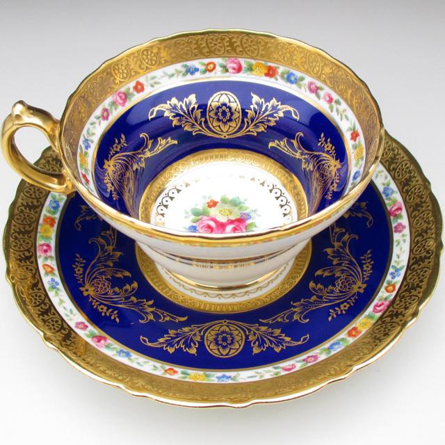 コウルドン 藍地金彩花綱文 カップ＆ソーサー アンティーク 1905年