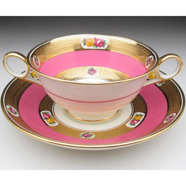 クーポン対象外 コウルドン ピンク地金彩薔薇絵 1905年 アンティーク カップ ソーサー カップ ソーサー Mecila Net