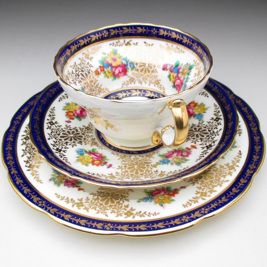 コウルドン 藍縁金彩花絵 トリオ カップ＆ソーサー＆プレート アンティーク 1905年 (a)_1