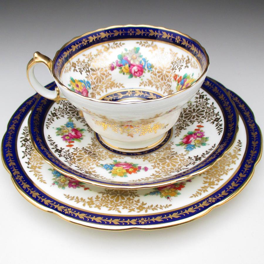 コウルドン 藍縁金彩花絵 トリオ カップ＆ソーサー＆プレート アンティーク 1905年 (a)_2
