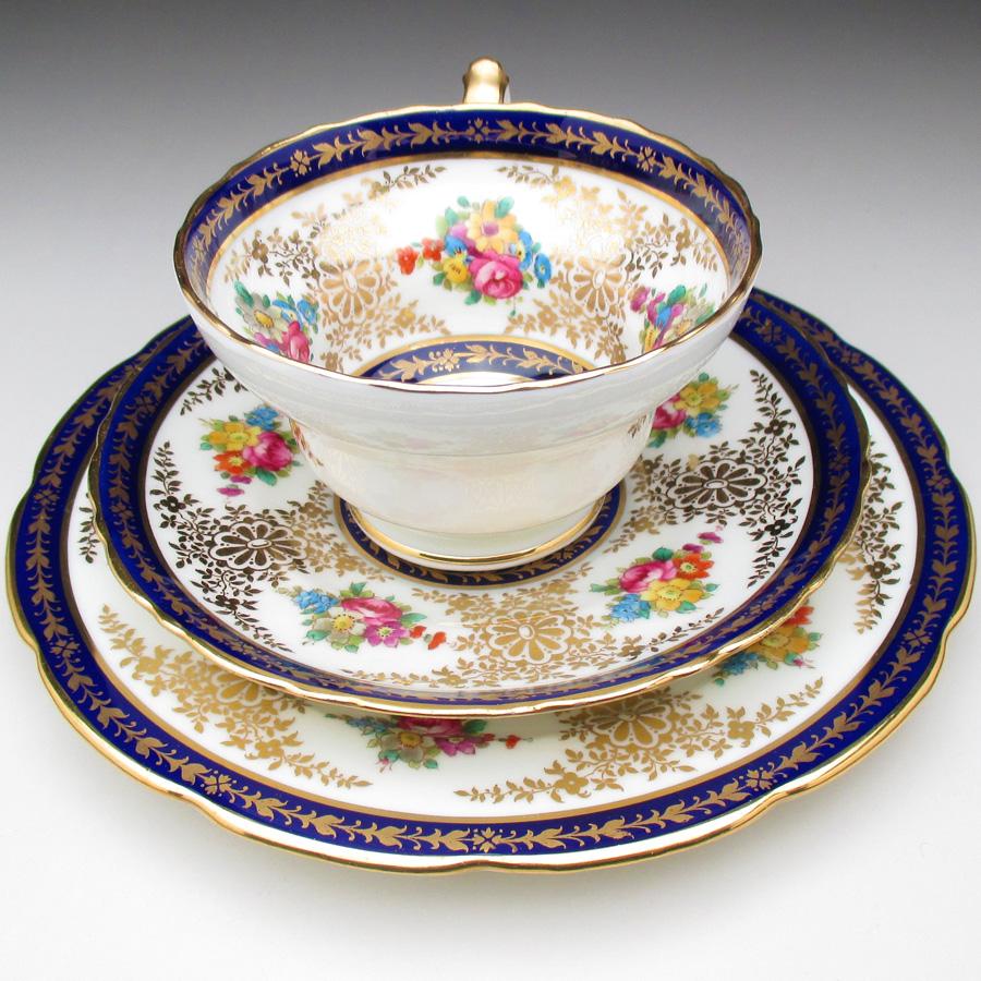コウルドン 藍縁金彩花絵 トリオ カップ＆ソーサー＆プレート アンティーク 1905年 (a)_3