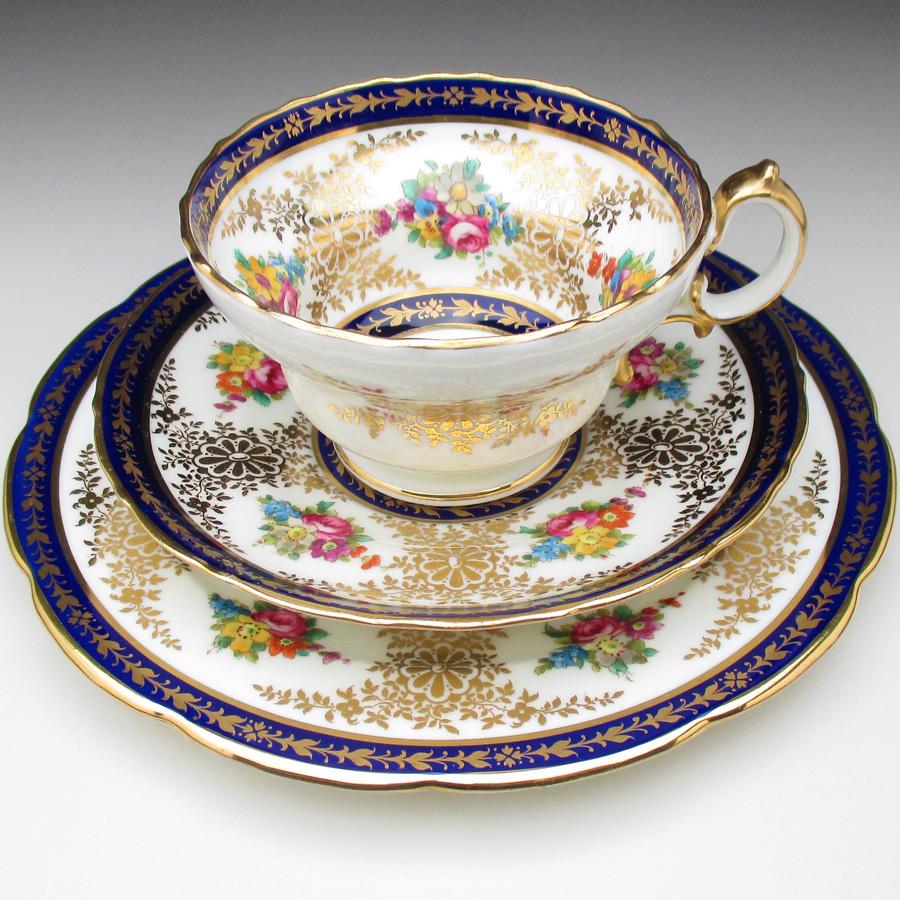 コウルドン 藍縁金彩花絵 トリオ カップ＆ソーサー＆プレート