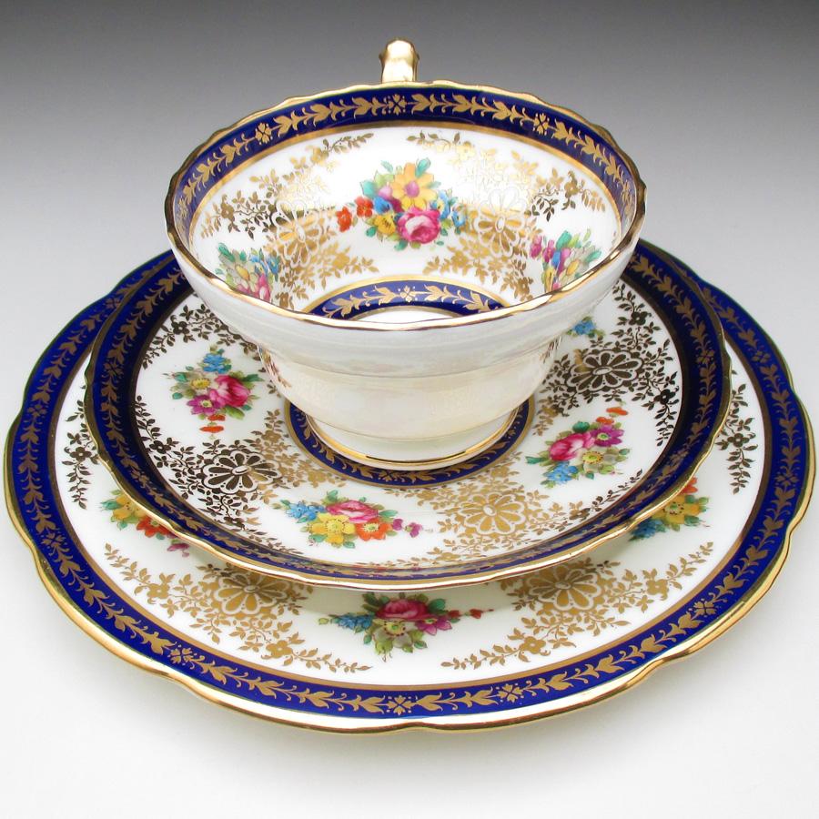 コウルドン 藍縁金彩花絵 トリオ カップ＆ソーサー＆プレート