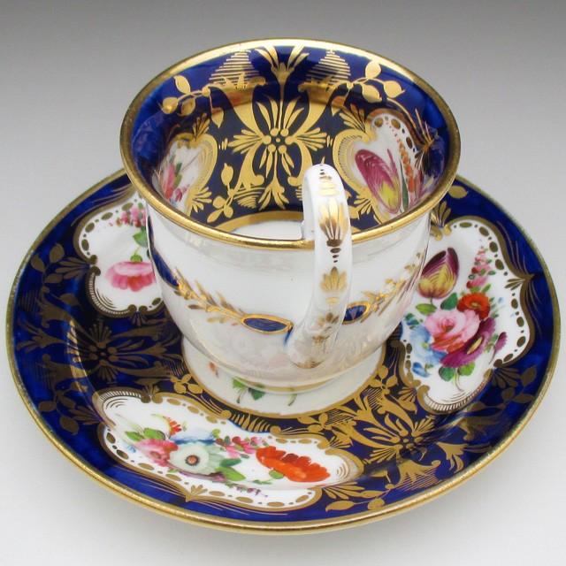 アンティーク 陶磁器 6枚セット コールポート藍地金彩花束絵 カップ＆ソーサー アンティーク 19世紀