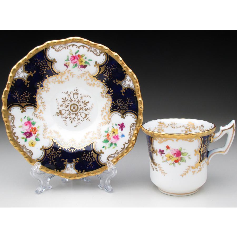 【コールポート for Tiffany】金彩金盛 上金彩皿／２枚セット コールポート 藍地金彩花束絵 カップ＆ソーサー アンティーク 1891年