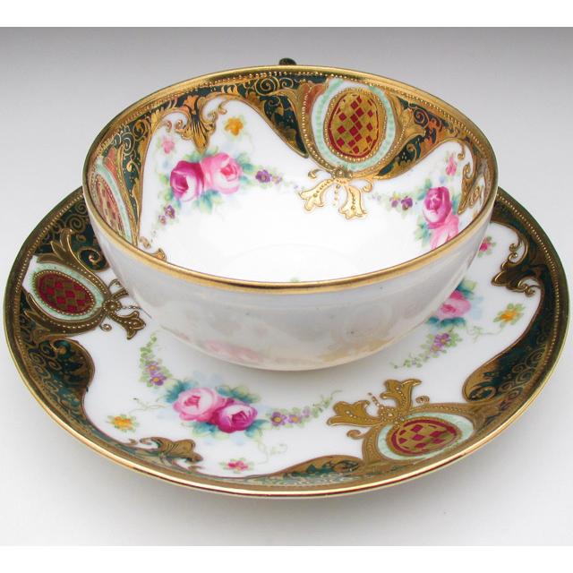 ノリタケ オールドノリタケ 金盛りジュール薔薇花綱絵 トリオ ノリタケ オールドノリタケ 金盛りジュール薔薇花綱絵 トリオ