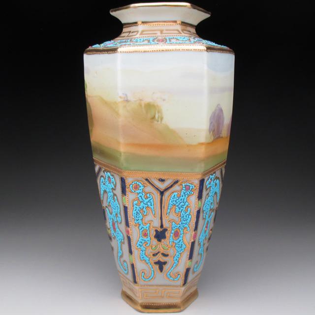 最新のデザイン トルコ石ブルー オールドノリタケ 花瓶 金盛りエナメル盛り風景絵 インテリア雑貨 Miguelsaco Com