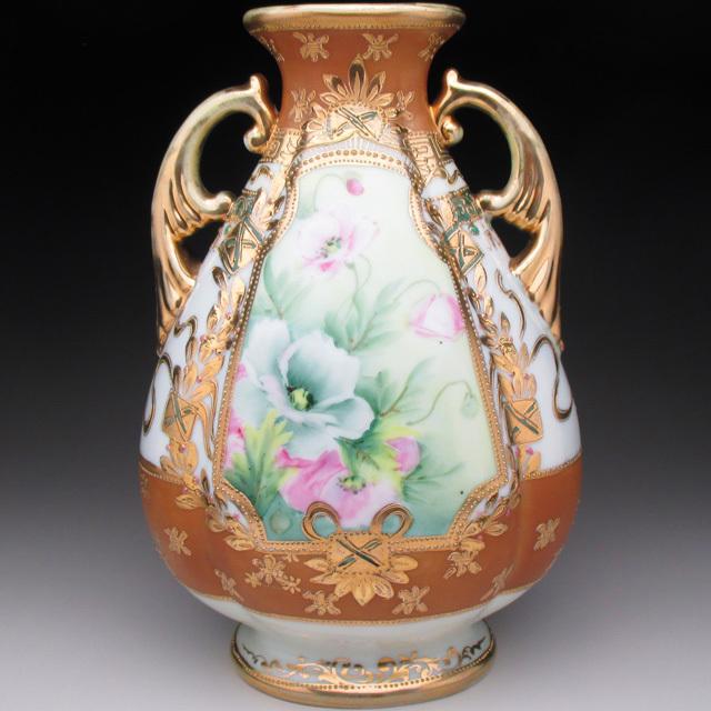 ノリタケ オールドノリタケ 茶地金盛りジュール芥子絵 花瓶 21cm 