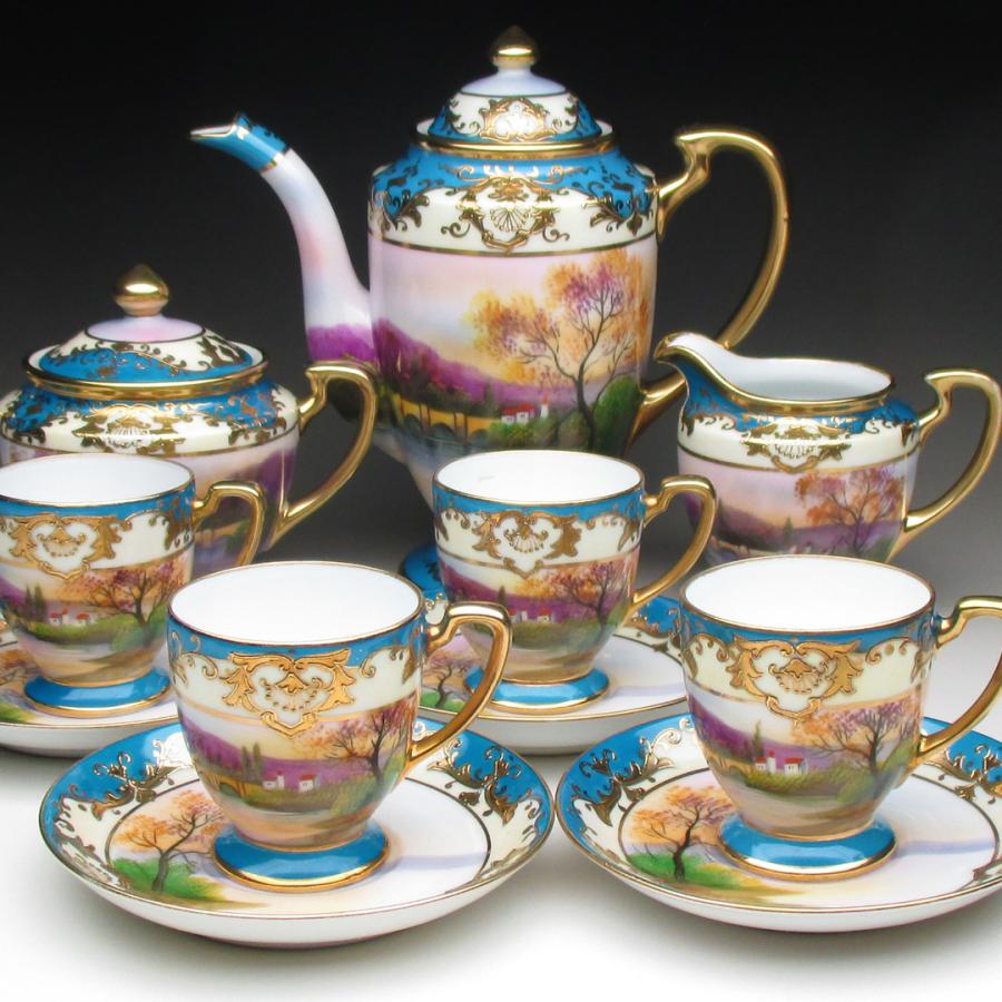 最安値挑戦】 オールドノリタケ 金盛り湖畔風景絵 デミタスセット