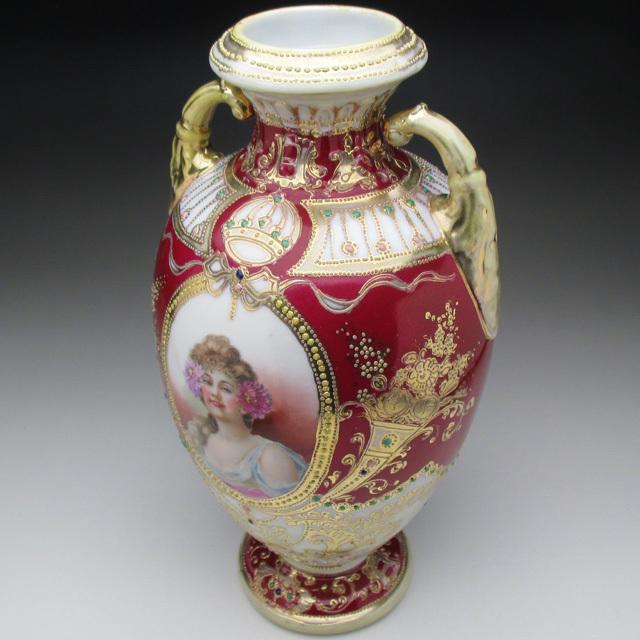 オールドノリタケ 約２３cm アールヌーボー ポピー花紋花瓶 金盛り 盛上げ オールドノリタケ 約23cm アールヌーボー ポピー花紋花瓶 金盛り
