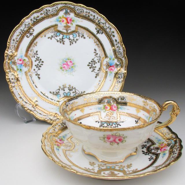ハイクオリティオールドノリタケ 金盛り薔薇花綱絵 トリオ カップ