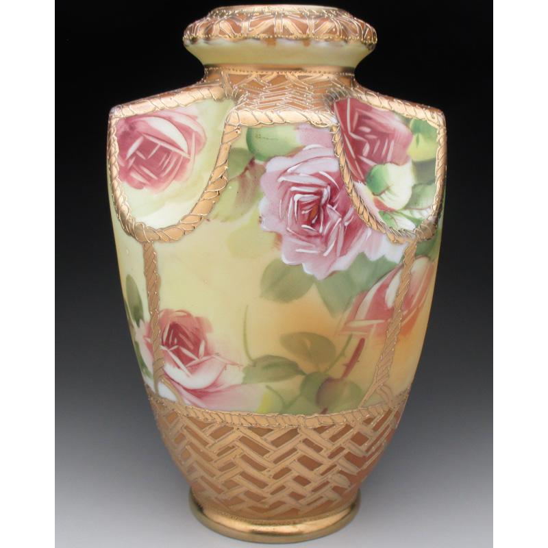 ノリタケ オールドノリタケ 金盛り薔薇花籠絵 花瓶 22cm