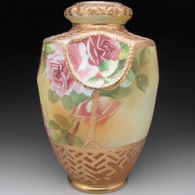 ノリタケ オールドノリタケ 金盛り薔薇花籠絵 花瓶 22cm 