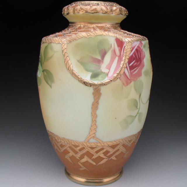 ノリタケ オールドノリタケ 金盛り薔薇花籠絵 花瓶 22cm