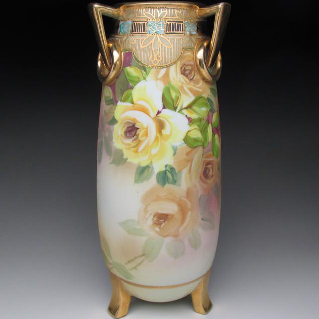 ノリタケ オールドノリタケ 金盛り薔薇絵 脚付花瓶 29cm ノリタケ オールドノリタケ 金盛り薔薇絵 脚付花瓶 29cm