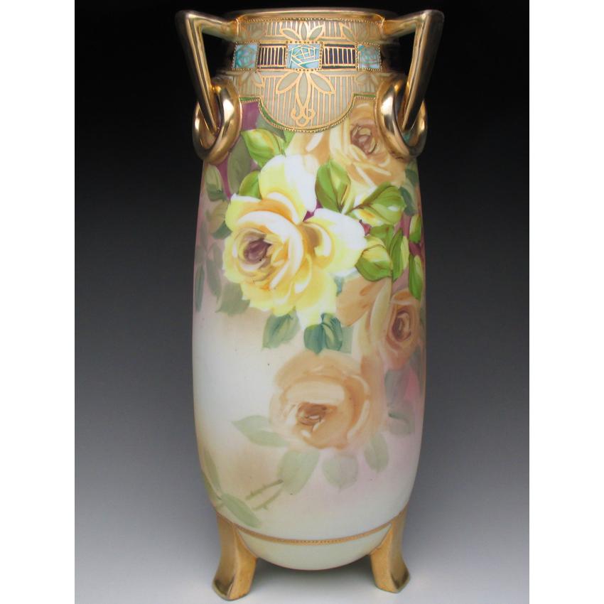 ノリタケ オールドノリタケ 金盛り薔薇絵 脚付花瓶 29cm ノリタケ オールドノリタケ 金盛り薔薇絵 脚付花瓶 29cm