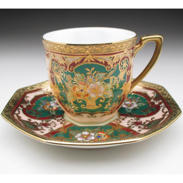 ノリタケ オールドノリタケ 金盛り花束絵 八角カップ&ソーサー ノリタケ オールドノリタケ 金盛り花束絵 八角カップ&ソーサー