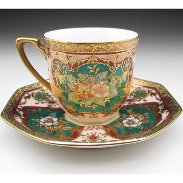 ノリタケ オールドノリタケ 金盛り花束絵 八角カップ&ソーサー ノリタケ オールドノリタケ 金盛り花束絵 八角カップ&ソーサー