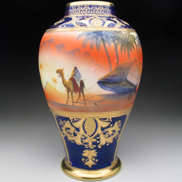 オールドノリタケ コバルト金盛り砂漠風景絵 花瓶 20cm : no1285 