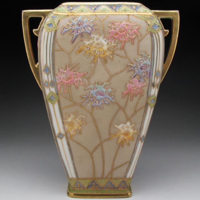 オールドノリタケ 茶色地金エナメル盛り花文 花瓶 ノリタケ オールドノリタケ 茶色地金エナメル盛り花文 花瓶