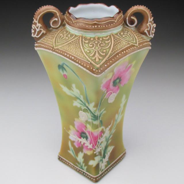 再値下げ☆【作家もの】ノリタケ　花瓶　両耳付　手描き ノリタケ オールドノリタケ 盛り上げ芥子絵 花瓶 : アンティーク陶磁器