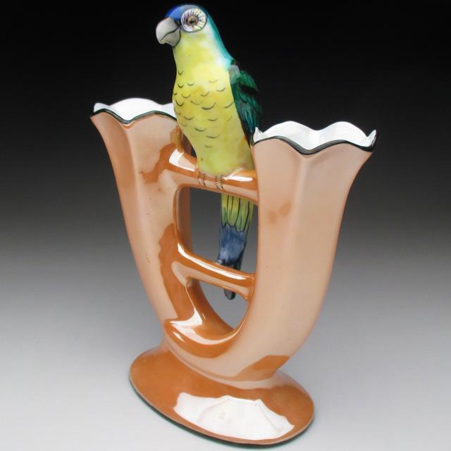 オールドノリタケ　鳥　フィギア　アールデコ　ニ輪挿し ノリタケ オールドノリタケ 鳥フィギュア付 花瓶 : アンティーク陶磁器